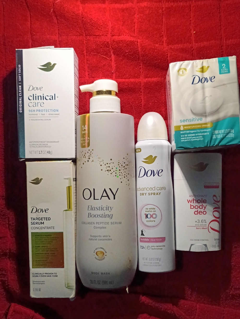DOVE BUNDLE (3)deodorants (2) sensitive soap (1)Targeted serum (1)OLAY BODY Wash